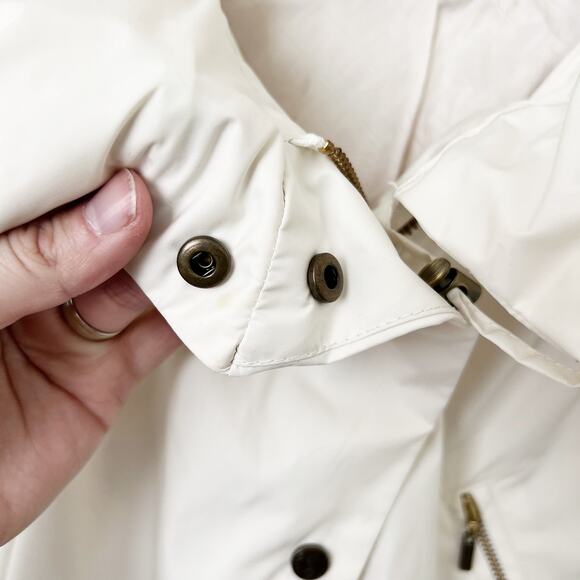 [Cole Haan] Cream Long Sleeve Utility Pocket Raincoat Packable Hood Size Large L - Picture 10 of 12